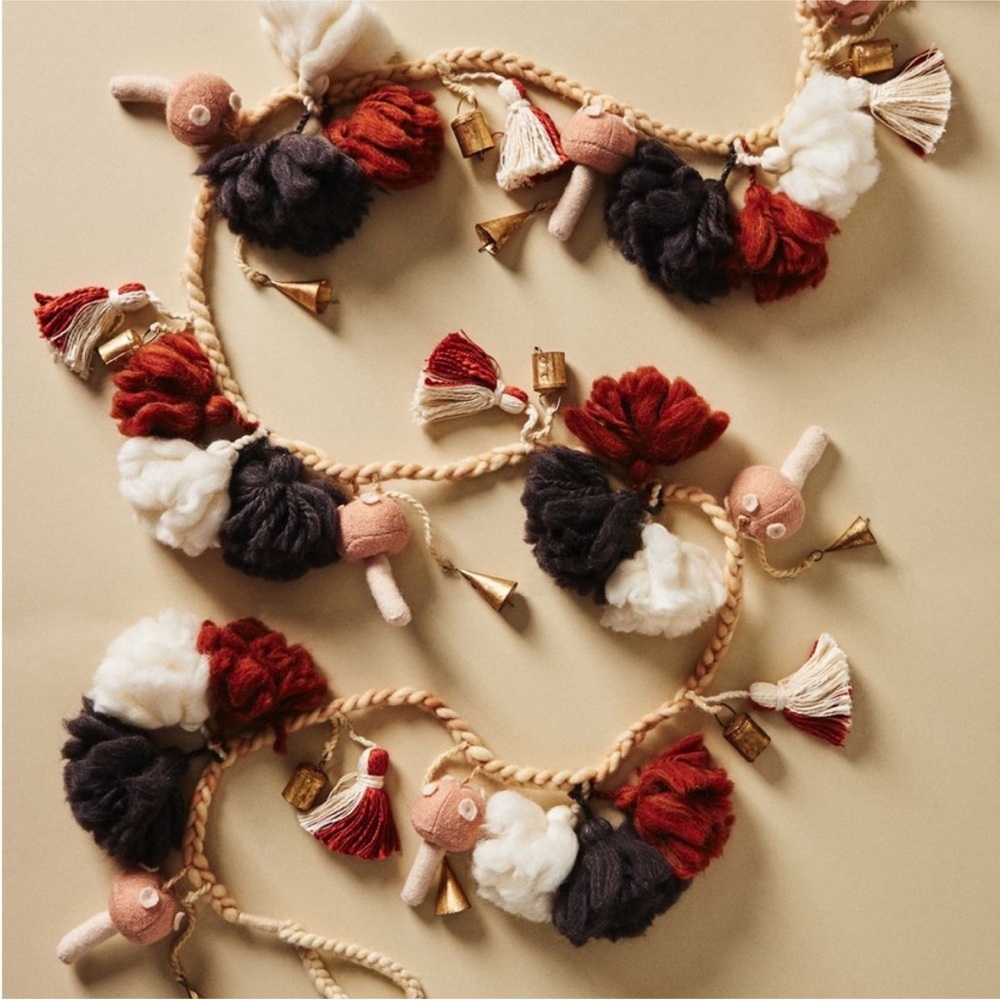 Anthropologie‎ Festive Pom Garland with bells and mushrooms